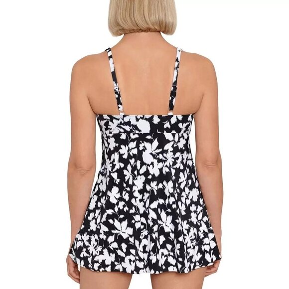 Swim Solutions One Piece Swimsuit Swimdress Tummy Control Floral Black White 20W - Picture 2 of 6